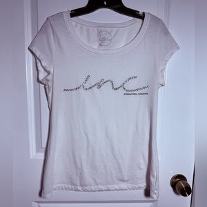 INC International Concepts Women's White Tee with Rhinestone Logo - size large